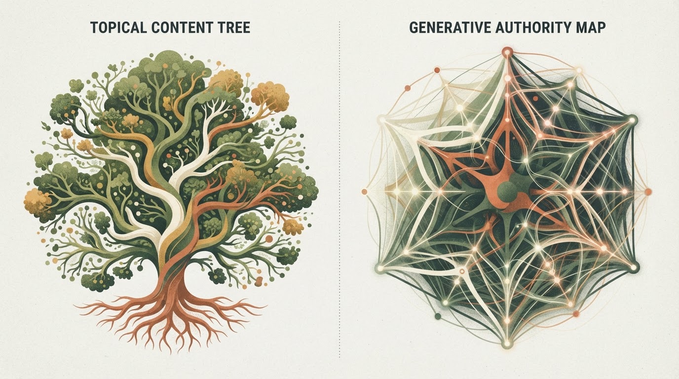 Schéma comparatif GEO Authority Mapping™ et topical authority map SEO
